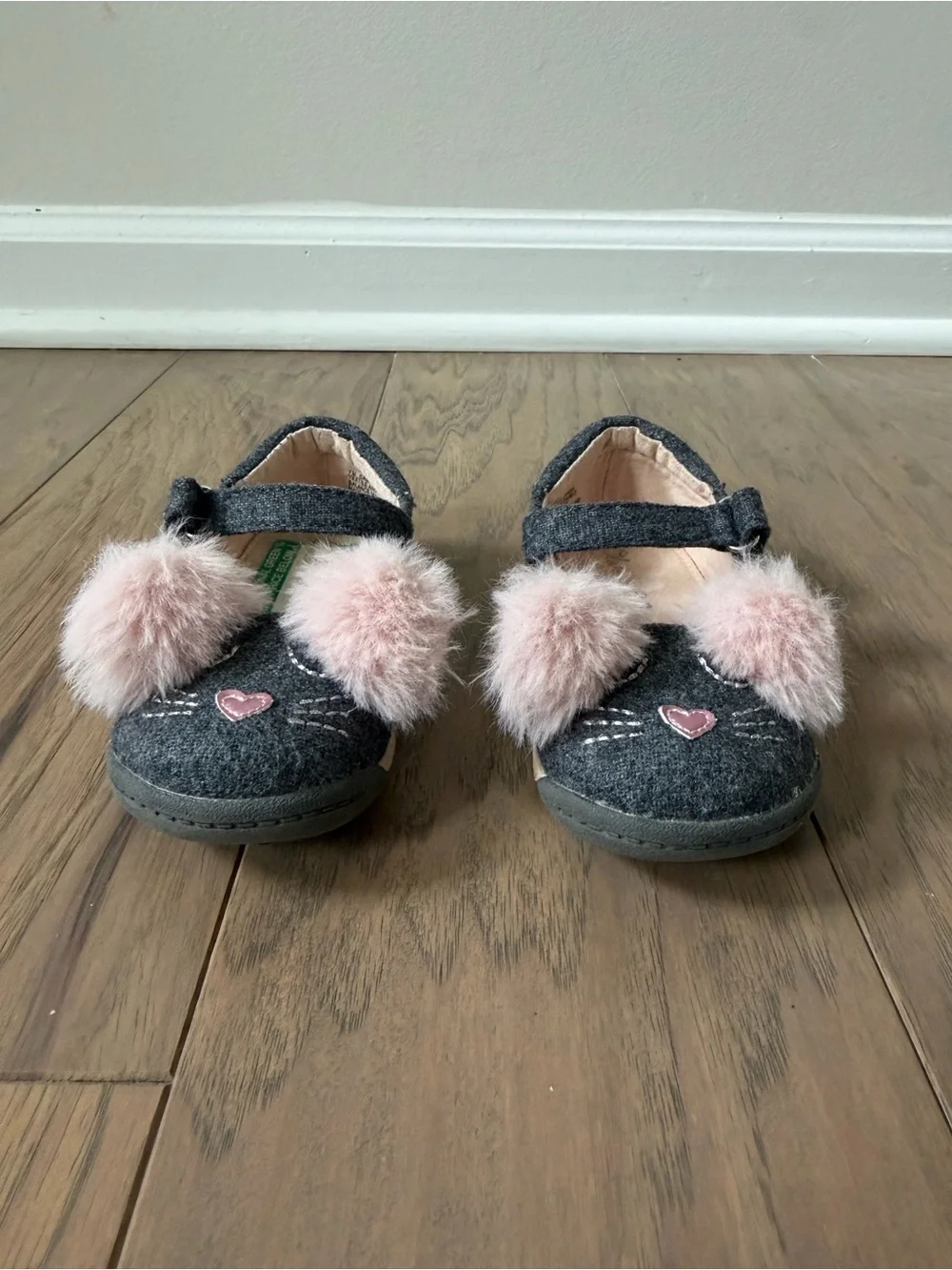 Girls Dark Gray Mary Jane Shoes with Pink Pom-Pom Accents